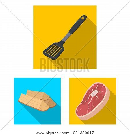 Barbecue And Equipment Flat Icons In Set Collection For Design. Picnic And Fried Food Vector Symbol 