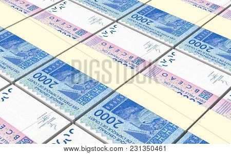 West African CFA francs bills stacked background. 3D illustration.