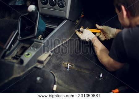 Close Up Part Of A Car Automatic Gear Lever, Gear Shift, Dismantling For Maintenance In Garage Mecan