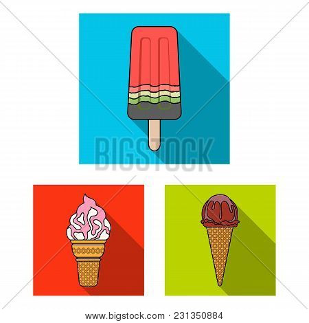 Different Ice Cream Flat Icons In Set Collection For Design. Dessert And Sweetness Vector Symbol Sto