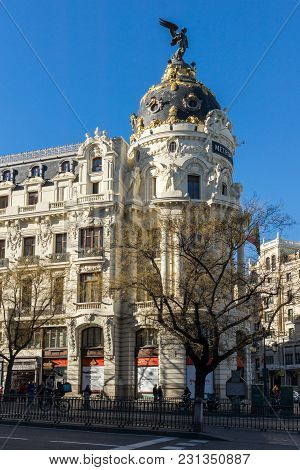 Madrid, Spain - January 21, 2018: Metropolis Building (edificio Metropolis) At Alcala And Gran Via S