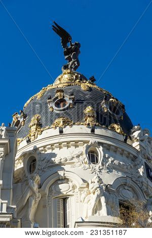 Madrid, Spain - January 21, 2018: Metropolis Building (edificio Metropolis) At Alcala And Gran Via S