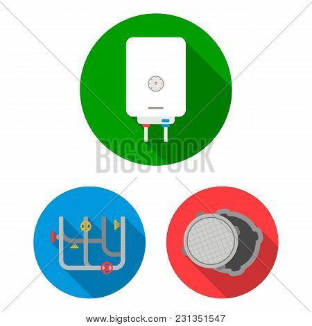 Plumbing, Fitting Flat Icons In Set Collection For Design. Equipment And Tools Vector Symbol Stock  