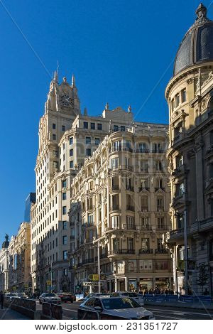 Madrid, Spain - January 21, 2018: Telefonica Building (edificio Telefonica) At Gran Vía Street In Ci
