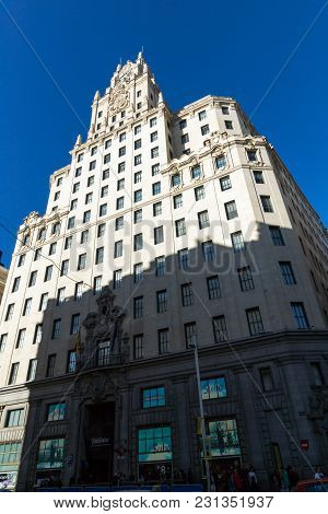 Madrid, Spain - January 21, 2018: Telefonica Building (edificio Telefonica) At Gran Vía Street In Ci