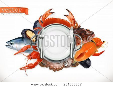 Sea Food Logo. Fish, Crab, Crayfish, Mussels, Octopus 3d Vector Icon, Realism Style