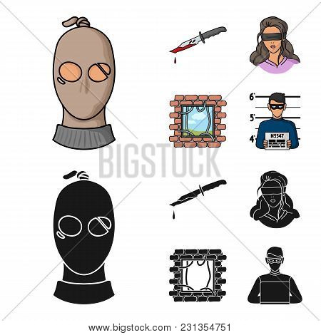 A Thief In A Mask, A Bloody Knife, A Hostage, An Escape From Prison.crime Set Collection Icons In Ca