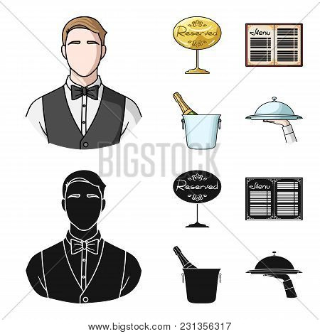 Waiter, Reserve Sign, Menu, Champagne In An Ice Bucket.restaurant Set Collection Icons In Cartoon, B