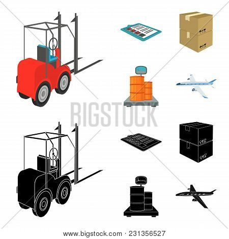 Forklift, Delivery Slips, Packaged Goods, Cargo On Weighing Scales. Logistics And Delivery Set Colle