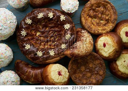 Traditional Russian Easter Baked Goods, Kulichi, Patties With Cottage Cheese, Karavai And Loaf Cake 