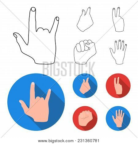 Open Fist, Victory, Miser. Hand Gesture Set Collection Icons In Outline, Flat Style Vector Symbol St