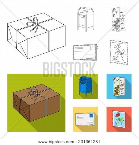 Mailbox, Congratulatory Card, Postage Stamp, Envelope.mail And Postman Set Collection Icons In Outli
