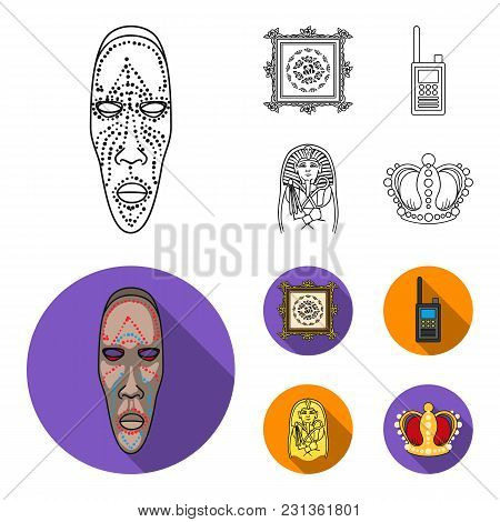 Picture, Sarcophagus Of The Pharaoh, Walkie-talkie, Crown. Museum Set Collection Icons In Outline, F