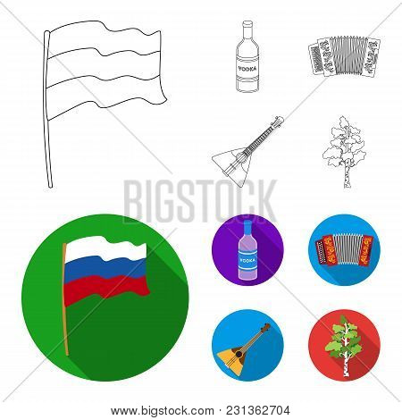Russia, Country, Vodka, Accordion .russia Country Set Collection Icons In Outline, Flat Style Vector