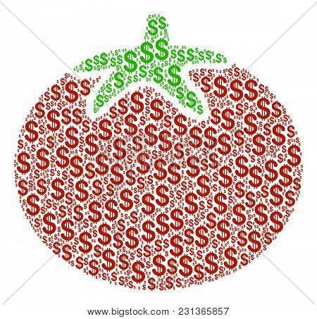 Tomato Vegetable Collage Of American Dollars. Vector Dollar Currency Icons Are Grouped Into Tomato V