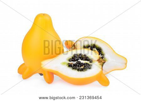 Whole And Half Of Yellow Nipple Eggplant, Fancy Fruit Isolated On White Background