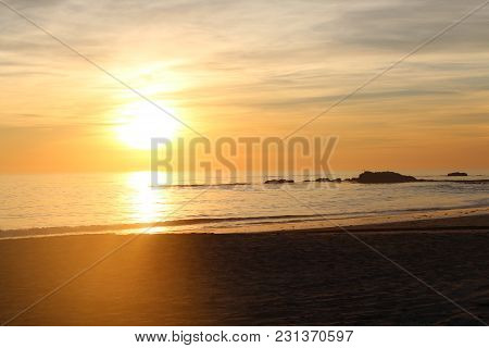 Sunset Orange Sky Cloudy Day Beach Ocean