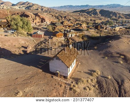 Old Town Of Gold Miners In The Sunny Desert. Calico Gost Town.
