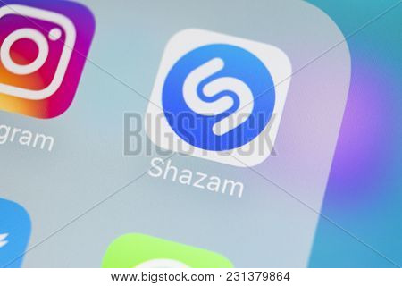 Sankt-petersburg, Russia, March 15, 2018: Shazam Application Icon On Apple Iphone X Screen Close-up.