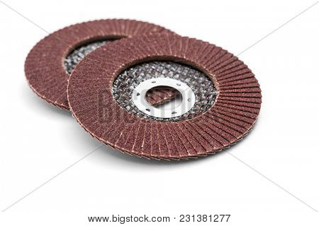 Sanding discs for angle grinder on white background, including clipping path