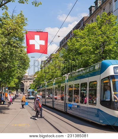 Zurich, Switzerland - 24 April, 2014: View Along Bahnhofstrasse Street. Bahnhofstrasse Street Is The