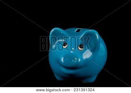 Blue Piggy Bank Or Money Box Isolated On A Black Studio Background