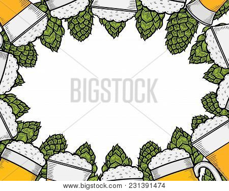 Colorful Beer Menu Design Template. Engraved Illustration With Barley, Hops And Beer Glasses. Brewer