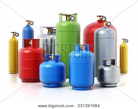 Multi-colored Gas Cylinders Isolated On White Background. 3d Illustration.