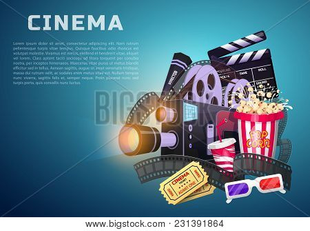 Movie Elements Set. Vintage Cinema, Entertainment And Recreation With Popcorn. Retro Poster Backgrou
