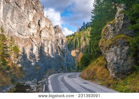 Road In A Mountain Landscape Through The Vratna Valley At The National Park Mala Fatra, Slovakia, Eu