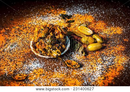 Popular Indian Squash Pickle Or Tinda Nu Athnu Or Achar In A Glass Plat With All Its Ingredients And