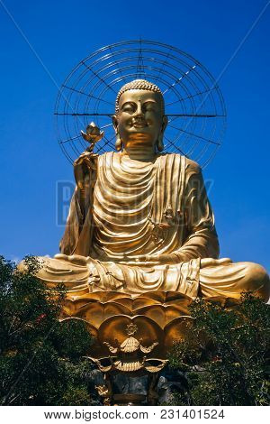 Statue Of Big Golden Sitting Buddha In Dalat, Vietnam