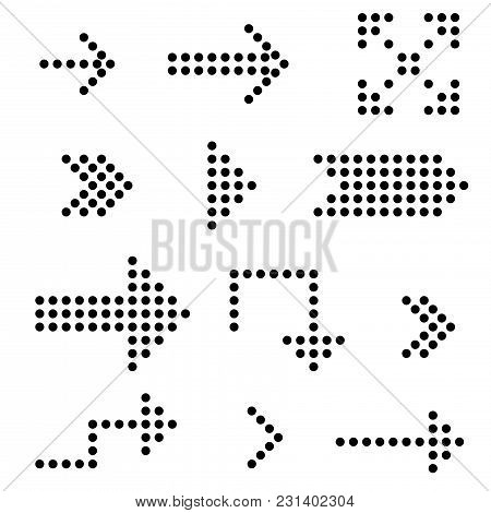 Dotted Arrows Set. Digital Arrow Symbols. Vector Illustration Isolated On White Background