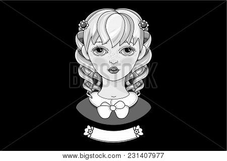 Beautiful Blonde With Curly Hair. Black And White Image. Vector. Grayscale