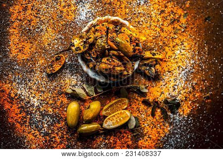 Popular Indian Squash Pickle Or Tinda Nu Athnu Or Achar In A Glass Plat With All Its Ingredients And