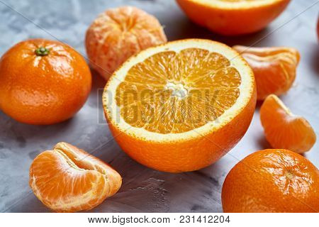 Variety Of Fresh Citrus For Making Juice Or Smoothie Over Light Textured Background, Topview, Select