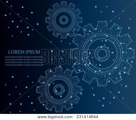 Gear Or Cog Icon With Triangles, Polygons, Dots And Lines On Blue Stars Sky Background. Polygonal Lo