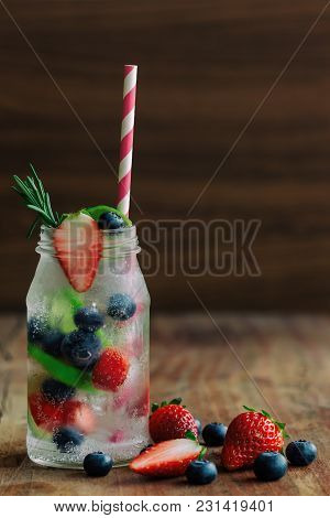 Infused Water Made From Blueberry Strawberry And Lemon In Sparkling Mineral Water Look So Freshness 