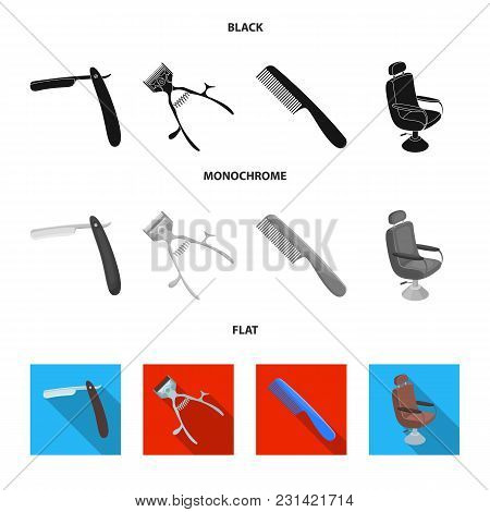 A Razor, A Mechanical Hair Clipper, An Armchair And Other Equipment For A Hairdresser.barbershop Set