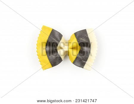 Farfalle Pasta With Curcuma And Cuttlefsh Ink Isolated On White Background Top View One Raw Classic 