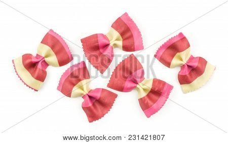 Farfalle Pasta With Red Beet And Paprika Isolated On White Background Top View Set Raw Classic Tradi