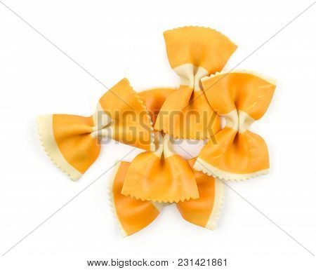 Farfalle Pasta With Orange Carrot Isolated On White Background Top View Set Raw Classic Traditional 