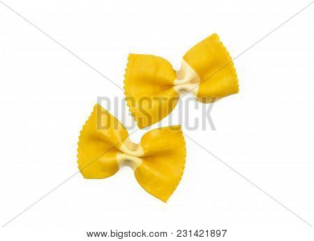 Farfalle Pasta With Curcuma Isolated On White Background Top View Two Raw Classic Traditional Italia
