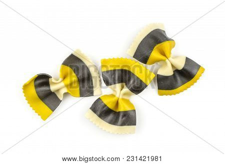 Farfalle Pasta With Curcuma And Cuttlefsh Ink Isolated On White Background Top View Three Raw Classi