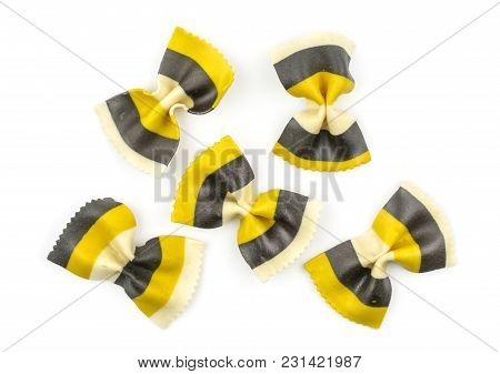 Farfalle Pasta With Curcuma And Cuttlefsh Ink Isolated On White Background Top View Set Raw Classic 