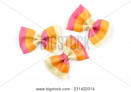 Farfalle Pasta With Orange Carrot And Red Beetroot Isolated On White Background Top View Three Raw C