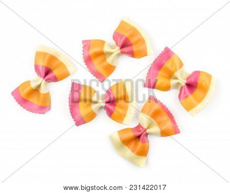 Farfalle Pasta With Orange Carrot And Red Beetroot Isolated On White Background Top View Five Raw Cl