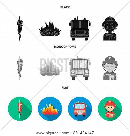 Fireman, Flame, Fire Truck. Fire Department Set Collection Icons In Black, Flat, Monochrome Style Ve