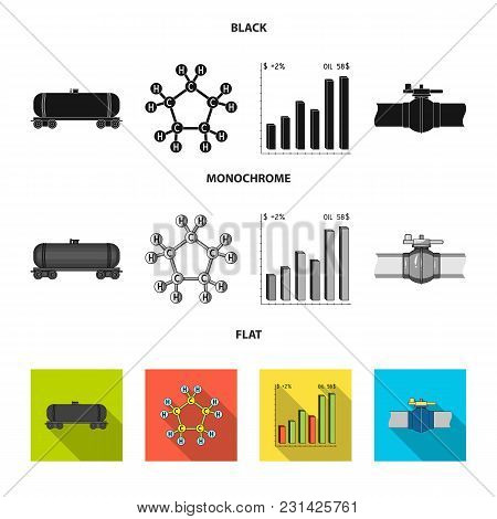 Railway Tank, Chemical Formula, Oil Price Chart, Pipeline Valve. Oil Set Collection Icons In Black, 