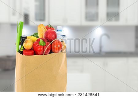 Grocery Shopping Concept Image - Eco Friendly Paper Shopping Bag Filled With Various Food Products I